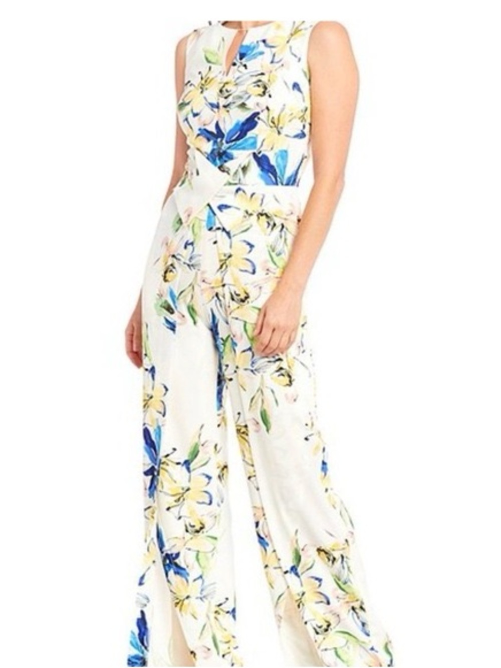 Alex Marie White Floral Wide-Leg Jumpsuit with Blue & Yellow Print